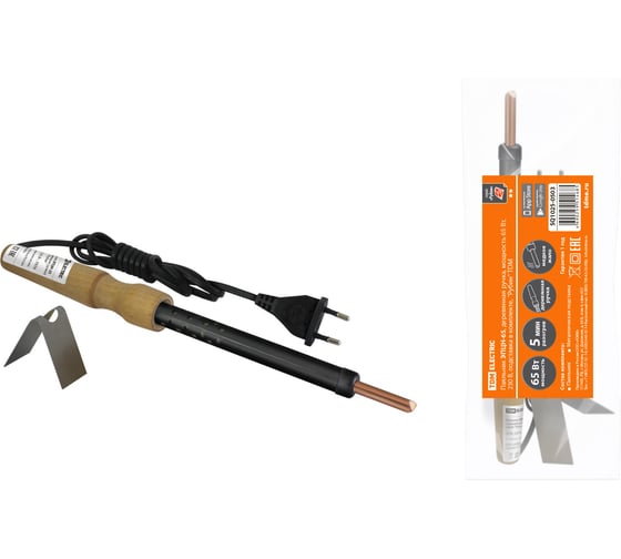 Изображение товара Паяльник TDM ELECTRIC ЭПЦН-65, деревянная ручка, мощность 65 Вт, 230 В, подставка в комплекте, Рубин SQ1025-0503