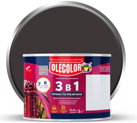 Изображение товара Грунт-эмаль по ржавчине OLECOLOR черный, 0.4 кг 4300009574