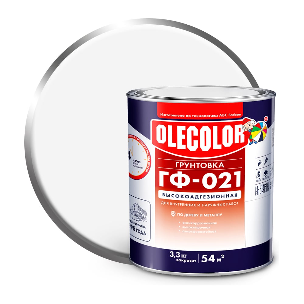 Изображение товара Грунтовка OLECOLOR ГФ-021 белый, 3.3 кг 4300009182