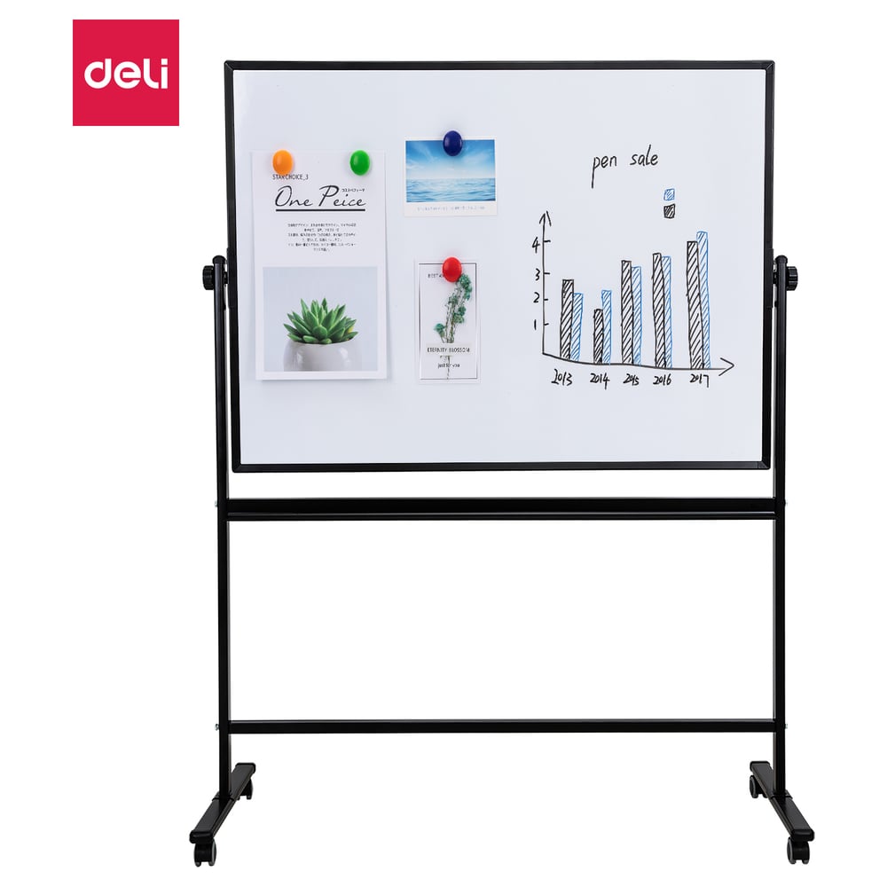 Изображение товара Магнитно-маркерная доска DELI 90x120 см двусторонняя на роликах лак белая сталь алюминий