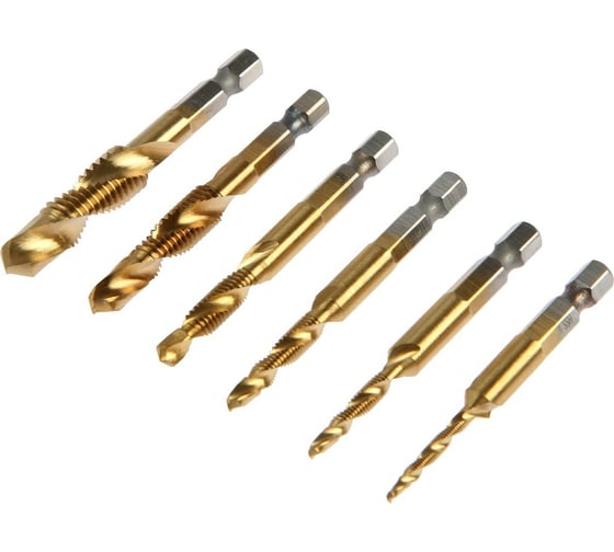 Изображение товара Набор сверл-метчиков ТУНДРА, TiN, шестигранный хвостовик, М3-М10, 65-72 мм, 6 шт. 7139567
