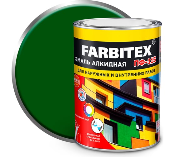 Изображение товара Алкидная эмаль FARBITEX ПФ-115 (ярко-зеленый; 0.8 кг) 4300006012