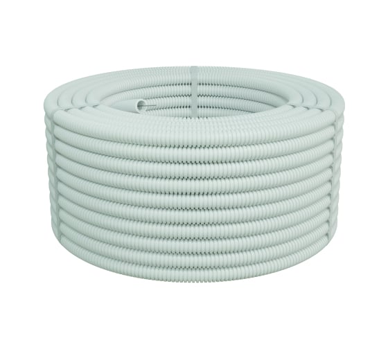 Изображение товара Гофрированная труба Экопласт HFFR тяжелая, с зондом, без галогена, ПЛЛ диам.25мм ПВ-0 (50м) цвет белый 21125HFR-W