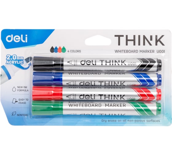 Изображение товара Набор маркеров для досок DELI EU00101 Think круглый пишущий наконечник 2 мм 4 цвета блистер, 24 шт. 412170