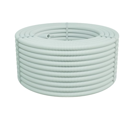 Изображение товара Гофрированная труба Экопласт ПП HF-FR тяжелая, с зондом, без галогена, ПЛЛ диам.20мм ПВ-0 (100м) белый 61120HFR-W