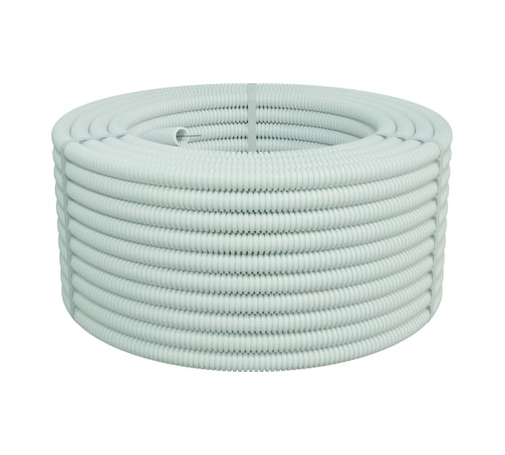 Изображение товара Гофрированная труба Экопласт ПП HF-FR тяжелая, с зондом, без галогена, ПЛЛ диам.25мм ПВ-0 (50м) белый 61125HFR-W