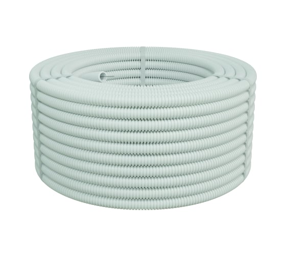 Изображение товара Гофрированная труба Экопласт ПП-FR легкая, с зондом, без галогена, ПЛЛ диам.16мм ПВ-0 (100м.) цвет белый 60116HFR-W