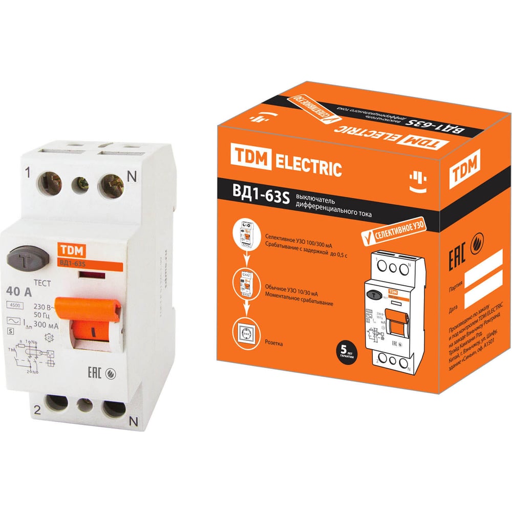 Изображение товара Устройство защитного отключения TDM ELECTRIC ВД1-63S 2Р 40А 300мА IP20