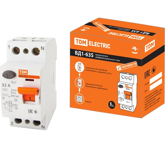Изображение товара Устройство защитного отключения TDM ELECTRIC УЗО ВД1-63S 2Р 32А 300мА SQ0203-0055