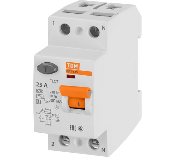 Изображение товара Устройство защитного отключения TDM ELECTRIC УЗО ВД1-63S 2Р 25А 300мА SQ0203-0053