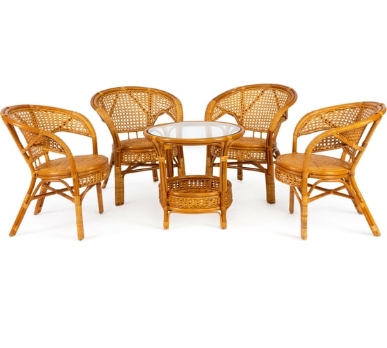 Изображение товара Комплект Tetchair PELANGI 02/15 стол со стеклом, 4 кресла без подушек, ротанг, мед 10084