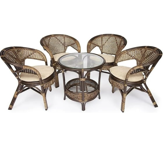 Изображение товара Комплект Tetchair PELANGI 02/15 стол со стеклом, 4 кресла без подушек, ротанг, грецкий орех 3597