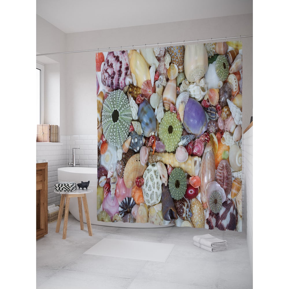 Изображение товара Фотоштора в ванную JOYARTY МУЛЬТИ 180x200 см водоотталкивающее сатен дизайн ракушки
