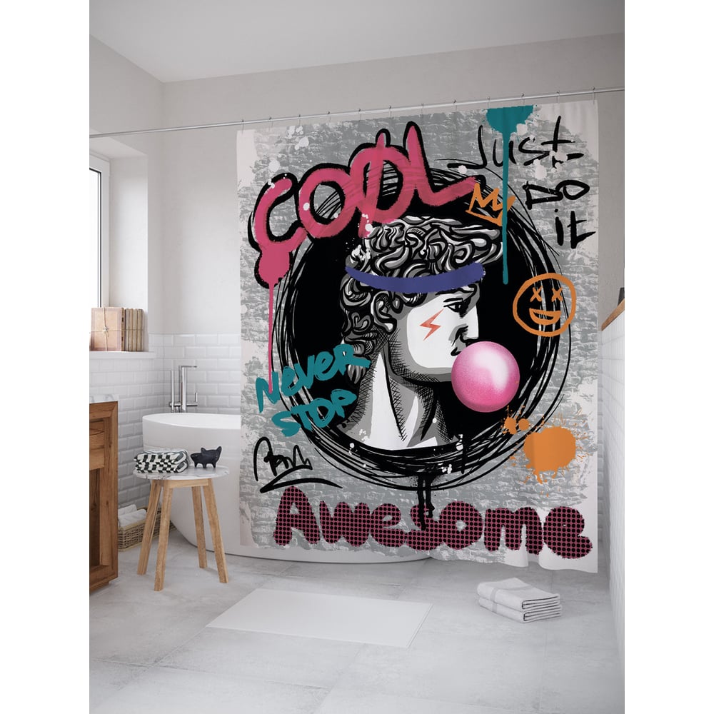 Изображение товара Фотоштора в ванную JOYARTY МУЛЬТИ 180x200 см серый, розовый, белый