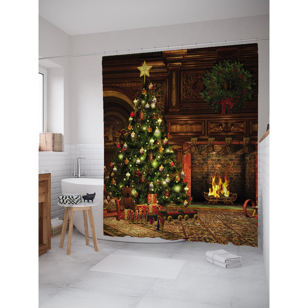 Изображение товара Фотоштора в ванную JOYARTY МУЛЬТИ 180x200 см новогодний водоотталкивающий сатен