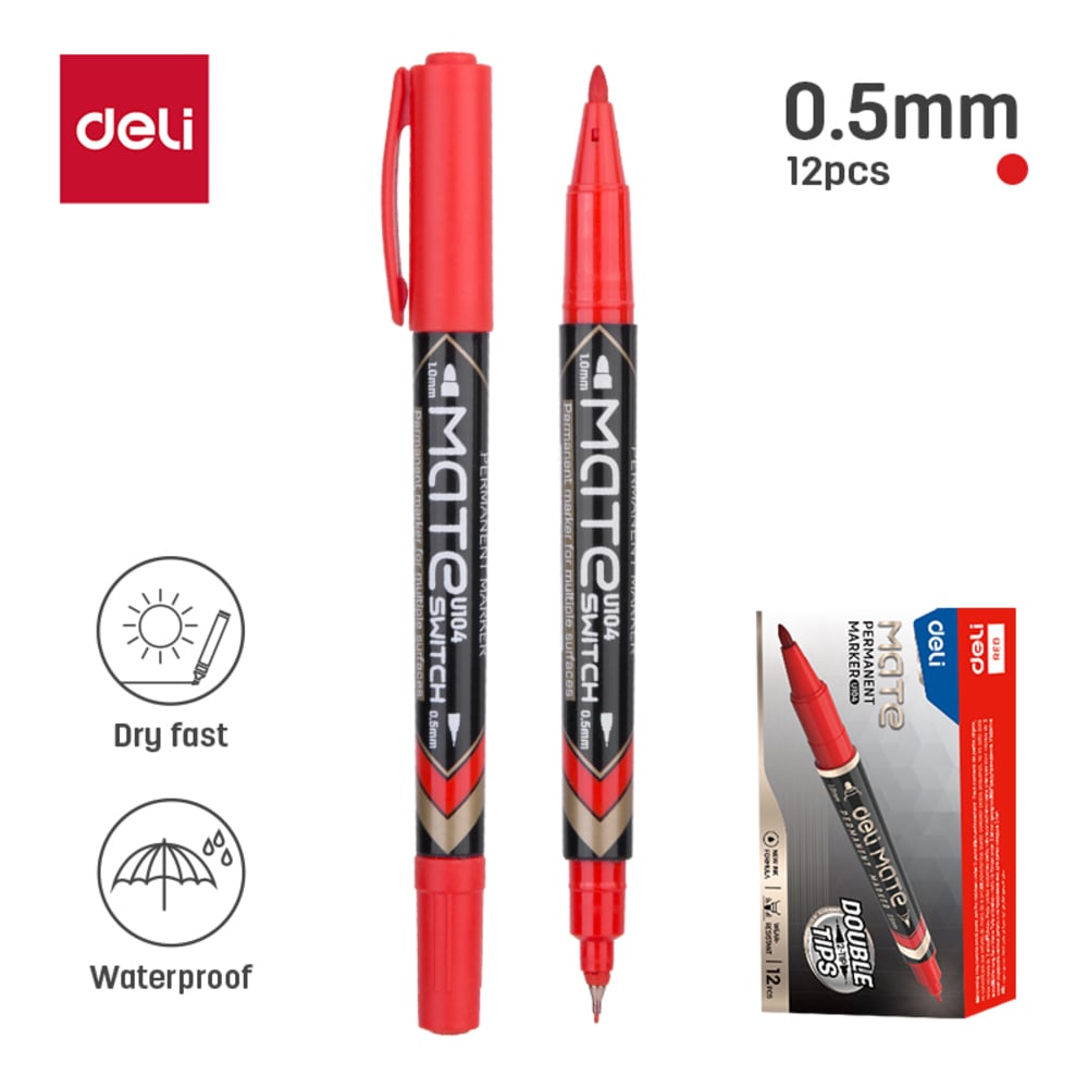 Изображение товара Перманентный маркер DELI Mate двойной пишущий наконечник 0.5-1 мм красный EU10440