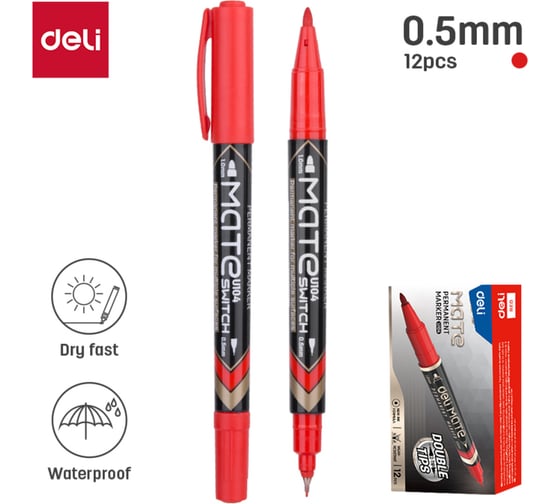 Изображение товара Маркер DELI перманентный Mate двойной пиш. наконечник 0.5-1мм красный  EU10440