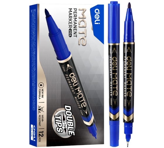 Изображение товара Маркер DELI перманентный Mate двойной пиш. наконечник 0.5-1мм синий EU10430