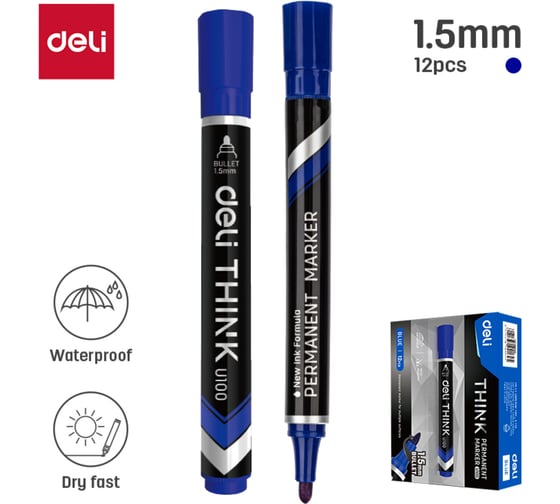 Изображение товара Маркер DELI перманентный Think круглый пиш. наконечник 1.5мм синий EU10030