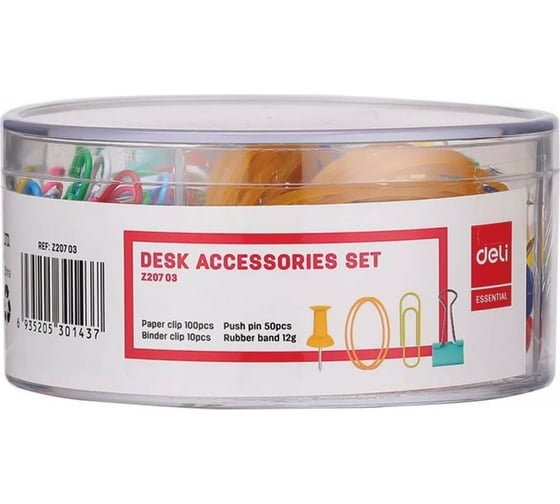 Изображение товара Набор мелкоофисный резинки д/ купюр, 12гр гвоздики,50шт скрепки, 100шт зажимы, 10шт пласт DELI 12 шт. в упак. EZ20703