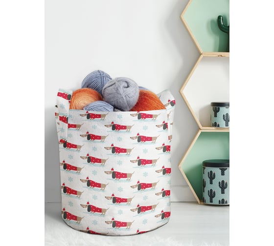 Изображение товара Мягкая текстильная корзина для хранения вещей и игрушек JOYARTY Такса в новогоднем свитере с ручками planta_115667_5