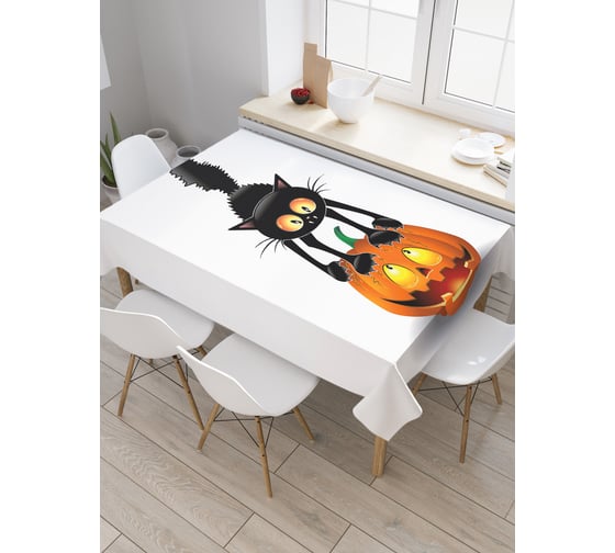 Изображение товара Прямоугольная скатерть JoyArty Кот на тыкве из сатена tc_18809_120x145