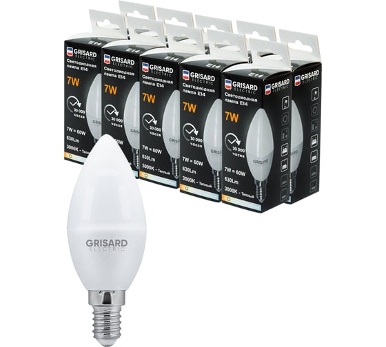 Изображение товара Светодиодная лампа Grisard Electric свеча C35 Е14 7Вт 3000К 220В 10 шт GRE-002-0045