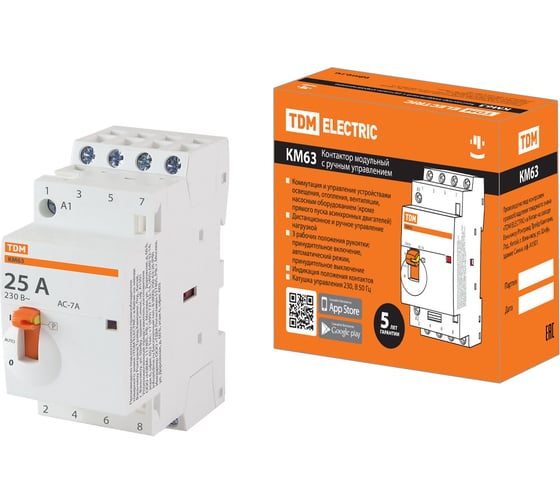 Изображение товара Модульный контактор с ручным управлением TDM ELECTRIC КМ63/4-25 4НО 230В АС SQ0213-0102