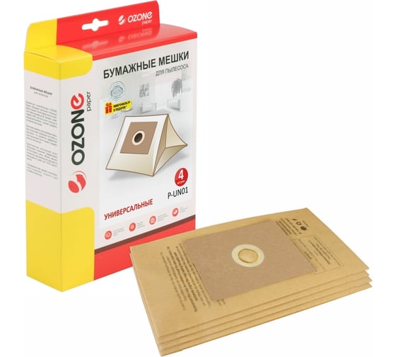 Изображение товара Мешки-пылесборники универсальные бумажные для пылесосов (4 шт; фланец 100x130 мм) OZONE P-UN01