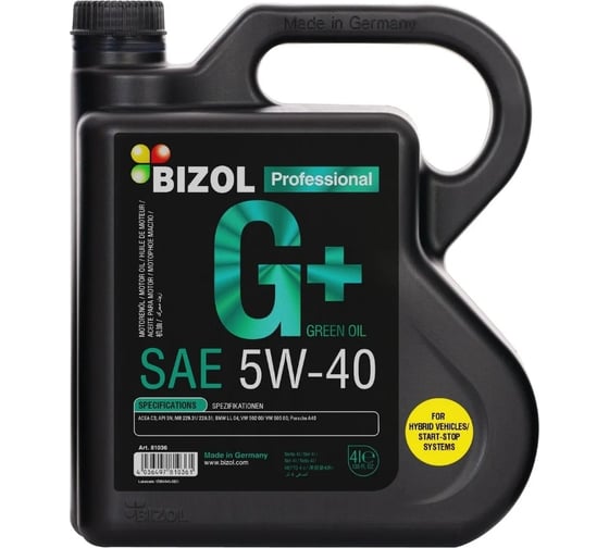 Изображение товара НС-синтетическое моторное масло Bizol Green Oil+ 5W-40, SN, C3, 4 л 81036