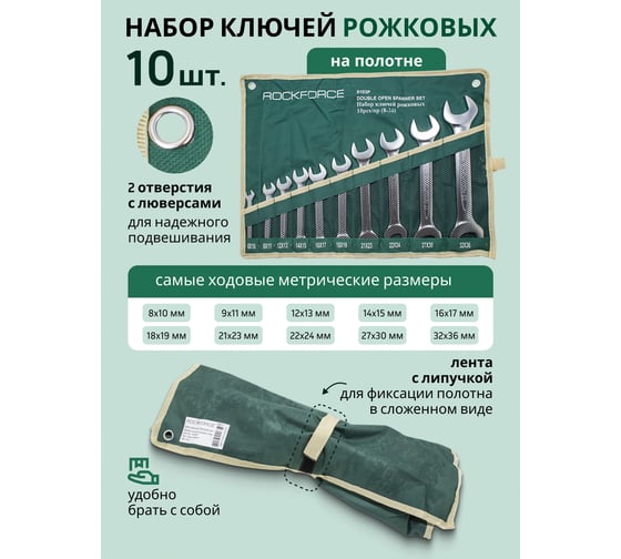 Изображение товара Набор рожковых ключей Rockforce 10 предметов RF-5103P(50697)
