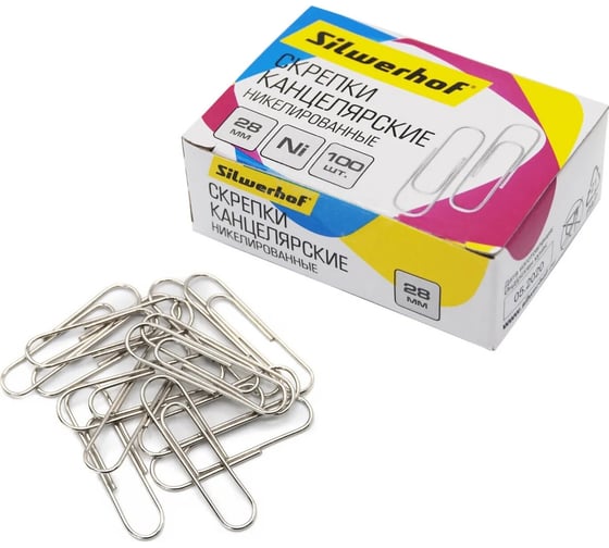 Изображение товара Скрепки Silwerhof 194041 никель, 28 мм, упаковка 100 шт, картонная коробка, 10 шт в упаковке 1206563