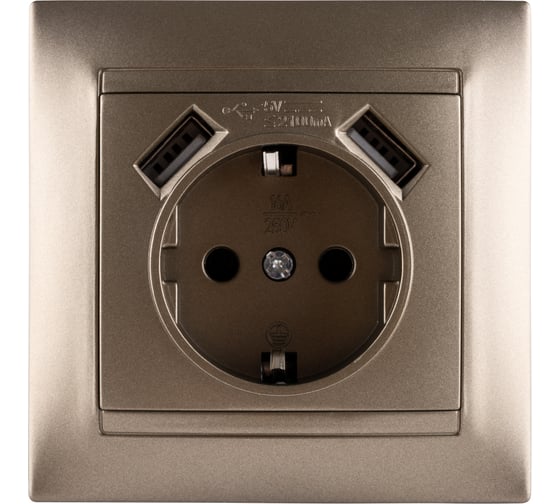 Изображение товара Розетка с заземлением 16А 250В + 2 USB порта 2,1А 5В бронза серия "Лама" TDM ELECTRIC SQ1815-0742