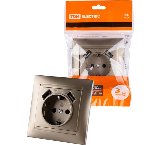 Изображение товара Розетка с заземлением 16А 250В + 2 USB порта 2,1А 5В бронза серия "Лама" TDM ELECTRIC SQ1815-0742