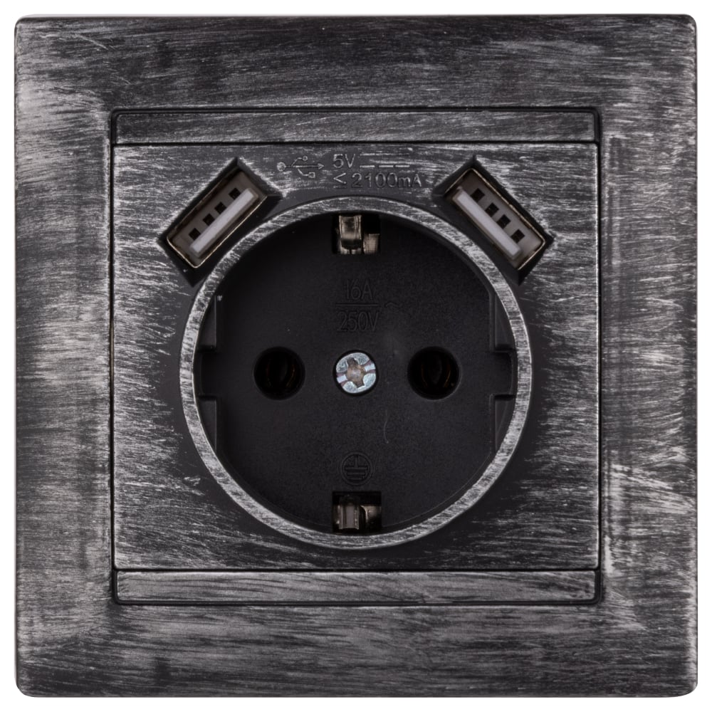 Изображение товара Розетка TDM ELECTRIC 2П+З с USB 2,1А старинное серебро