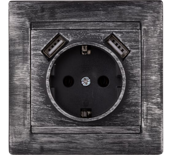 Изображение товара Розетка 2П+З 16А 250В + 2 USB порта 2,1А 5В TDM ELECTRIC старинное серебро, серия "Лама" SQ1815-0669