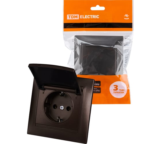 Изображение товара Розетка TDM ELECTRIC Лама 2П+З 16А 250В IP44 с крышкой шоколад SQ1815-0526