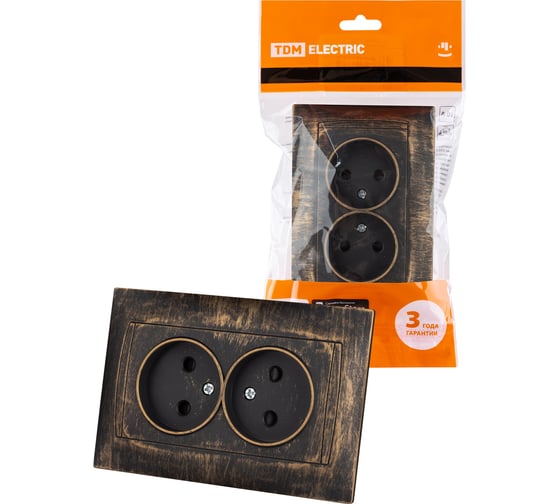Изображение товара Розетка двойная 2П 10А 250В с защитыми шторками TDM ELECTRIC старинная бронза, серия "Лама" SQ1815-0753