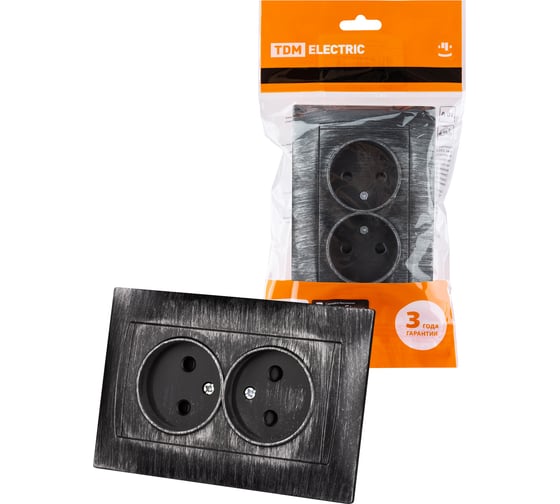 Изображение товара Розетка двойная 2П 10А 250В с защитными шторками TDM ELECTRIC старинное серебро, серия "Лама" SQ1815-0653