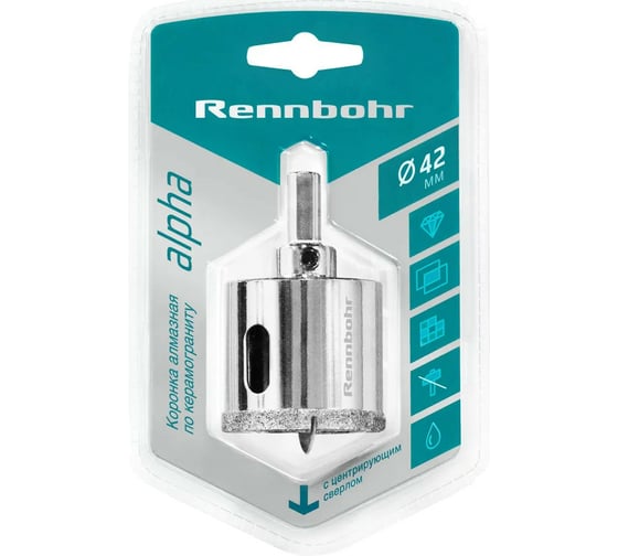 Изображение товара Коронка алмазная с центрирующим сверлом по керамограниту и керамике 42 мм RENNBOHR 676242