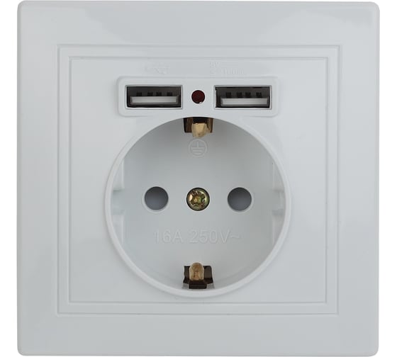 Изображение товара Розетка Intro Plano с заземлением 2P+E Schuko со шторками, 2хUSB 5В-2,1А, IP20, СУ, белый, Б0053942