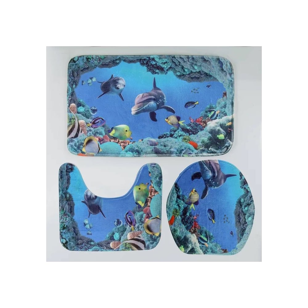 Изображение товара Набор ковриков для ванной и туалета Доляна Дельфин 3 шт голубой