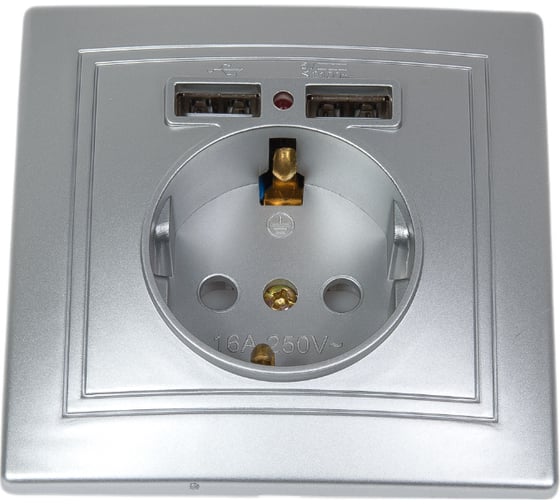 Изображение товара Розетка Intro Plano с заземлением 2P+E Schuko со шторками, 2хUSB 5В-2,1А, IP20, СУ, алюминий, Б0053944