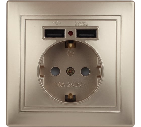 Изображение товара Розетка Intro Plano с заземлением 2P+E Schuko со шторками, 2хUSB 5В-2,1А, IP20, СУ, шампань, Б0053945
