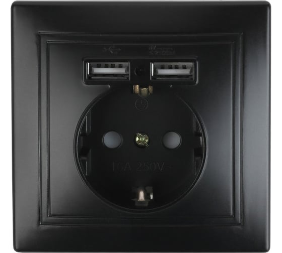 Изображение товара Розетка Intro Plano с заземлением 2P+E Schuko со шторками, 2хUSB 5В-2,1А, IP20, СУ, антрацит, Б0053946