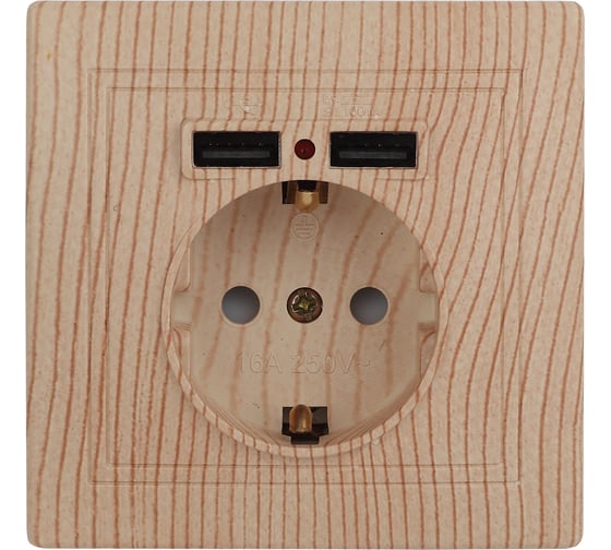 Изображение товара Розетка Intro Plano с заземлением 2P+E Schuko со шторками, 2хUSB 5В-2,1А, IP20, СУ, сосна, Б0053949