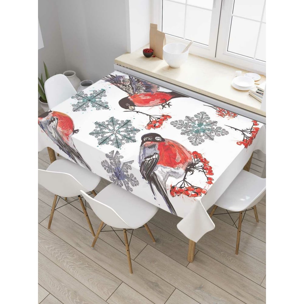 Изображение товара Прямоугольная скатерть JoyArty Снегири зимой из сатена 120x145 см
