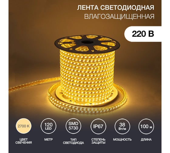 Изображение товара Светодиодная лента Neon-Night LED 220В 6.5x17 мм IP67 SMD 5730, 120 LED/m теплый белый 100 м 142-704