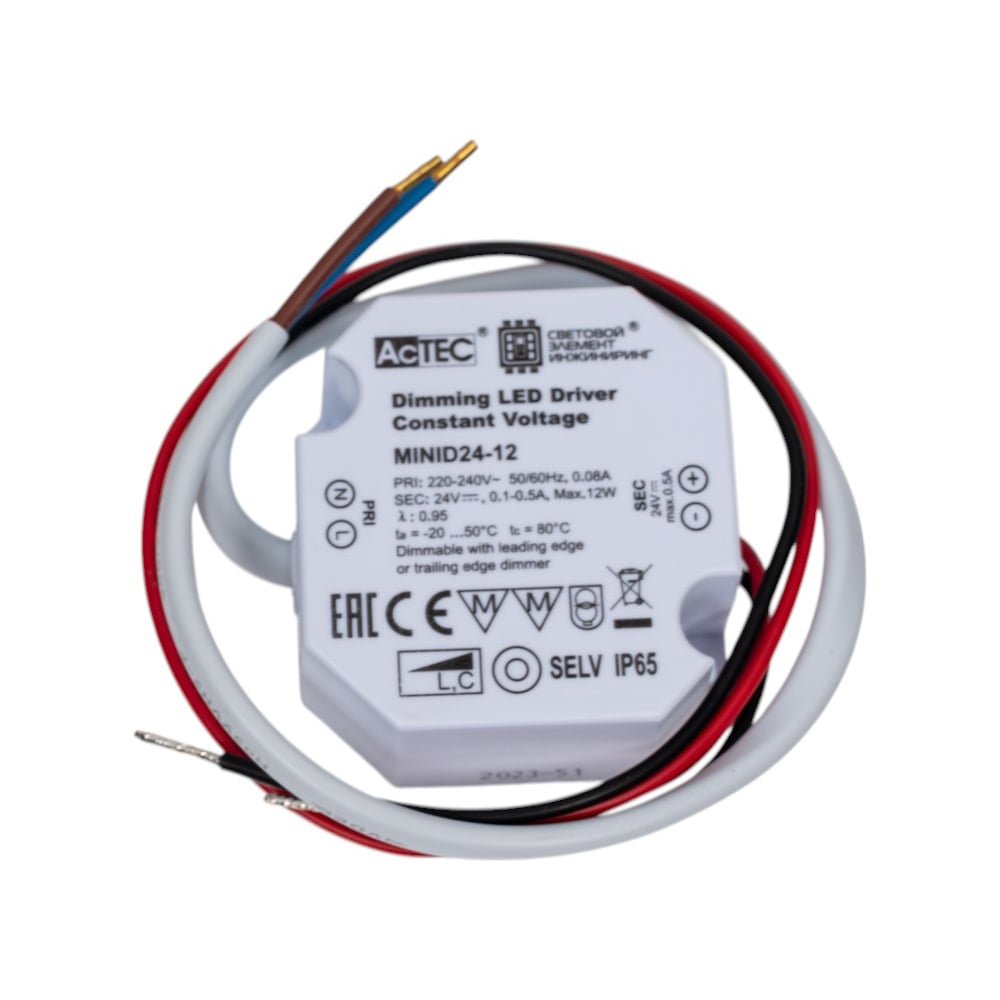 Изображение товара Блок питания AcTEC 24В, 12Вт, IP65, 0.1-0.5A, димм., Triac, 50x48x24мм MINID24-12