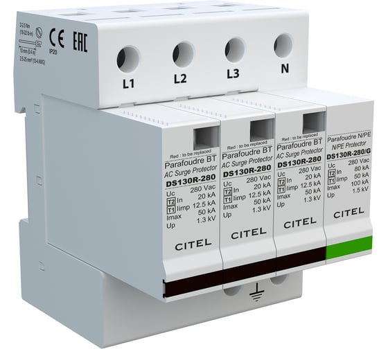 Изображение товара Устройство защиты от импульсных перенапряжений Citel тип 1+2 DS134R-280/G 571124